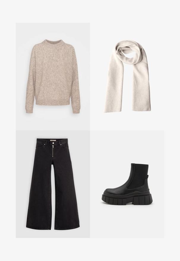 Beige stickad tröja med hög hals, lös passform och ribbade muddar. Mjuk textur med en något fluffig yta.; Breda jeans i svart denim med dragkedja fram, femfickorsdesign och subtila sömdetaljer. Slät textur och avslappnad stil.; Svarta ankelskor i slätt läder med elastiska sidopaneler, en kraftig plattformssula och ett strukturerat mönster på sulan.; Ljusgrå scarf gjord av mjukt tyg med en slät yta, med ribbade detaljer i båda ändar. Lång och rektangulär form.; Svart läder tote-väska med en mjuk, sluttande design, breda handtag och slät yta. Ingen synlig hårdvara eller utsmyckningar.
