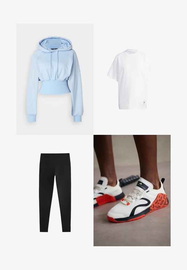 adidas by Stella McCartney HOODIE - Pulover s kapuco - glow blue; Bela bombažna majica s kratkimi rokavi, okroglim ovratnikom in sproščenim krojem. Opazna podrobnost: majhna črna grafična nalepka na robu.; Črne legice iz elastičnega materiala, z visokim pasom in gladko teksturo, zasnovane za udobje in fleksibilnost.; Bele športne čevlje v belih tonih s črno-oranžnim leopardjim vzorcem. Imajo teksturirano zgornje platno, gumijast podplat in sistem vezalk.