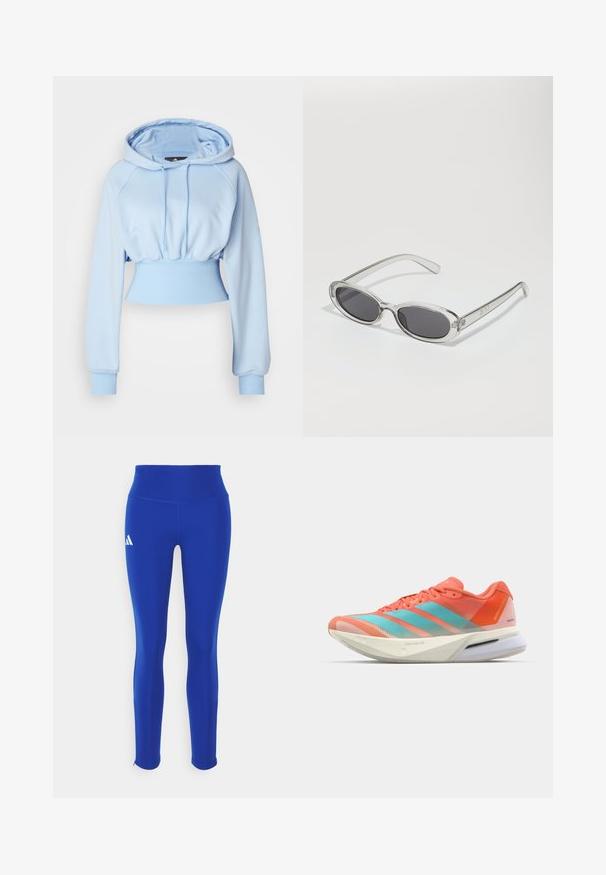 adidas by Stella McCartney HOODIE - Luvtröja - glow blue; Blå kortärmad atletisk t-shirt med rund halsringning; tillverkad av lättviktsmaterial; har en vit Adidas-logotyp på vänster axel.; Blå atletiska leggings med hög midja, tillverkade av stretchigt material, med en vit logotyp på vänster höft och diskreta fållar.; Löparskor med övre i andningsbart mesh i korall och aqua, med tre ränder, en dämpad sula och en strömlinjeformad design.; Sunglasses med oval form, klar plastbygel, mörkgrå linser och tunna genomskinliga armar med logotypsaccent och minimalt detaljerad design.