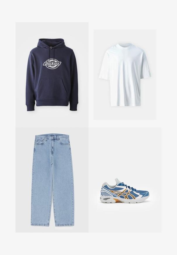 Tamsiai mėlynas džemperis, pagamintas iš medvilnės mišinio. Yra priekinė kišenė ir raištelių kapišonas. Balta "Dickies" logotipas per krūtinę ratę.; Balta trumpo rankovio marškinėliai, pagaminti iš minkštos medvilnės. Su apvaliu iškirpimu, laisvu siluetu ir glotnia tekstūra. Nėra matomų raštų ar akcentų.; Šviesiai mėlyni džinsai su tiesiomis kojomis, turintys vidutinio aukščio juosmenį, penkias kišenes ir mygtuko bei užtrauktuko uždarymą.; Mėlyni sportiniai batai su tinklelio viršumi, baltais ir oranžiniais akcentais, paminkštintu vidpadžiu ir tekstūruotu guminio pado apvadu. Yra raištelių uždarymas.