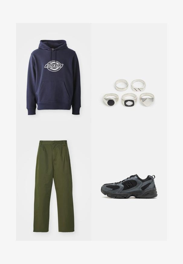 Marljivo plava dukserica od mješavine pamuka. Sadrži prednji džep i kapuljaču sa užetom. Bijeli "Dickies" logo preko grudi u kružnom dizajnu.; Bijela dugopruga majica s dugim rukavima od pamuka. Dizajn s okruglim izrezom, rebrastim manžetama i malim logotipom na lijevom rukavu. Glatka tekstura.; Maslinasto zelene hlače viskog struka s ravnim nogavicama. Izrađene od lagane tkanine, s prednjim nabranim detaljima i zatvaranjem na dugme.; Crne i sive sportske cipele s teksturiranim mrežastim gornjim dijelom, gumenenim potplatom i potporom. Imaju logo i sustav vezivanja.; Pet srebrne prstenje: jedan s crnim kružnim detaljem, jedan s bijelim i crnim geometrijskim uzorkom, a ostali s različitim oblicima i završnim obradama.