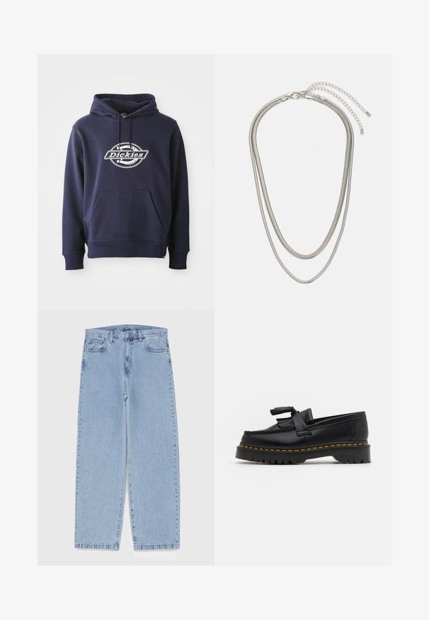 Navy blue hoodie made from cotton blend. Features a front pocket and drawstring hood. White “Dickies” logo across the chest in a circular design.; Light blue denim jeans with straight leg design, featuring a mid-rise waist, five pockets, and a button and zipper closure.; Black leather loafer with a tasseled accent, featuring a chunky black sole and yellow stitching along the edge. Textured finish.; Three-layered silver metal necklace featuring sleek, flexible chains with a slight sheen, secured with a lobster clasp and adjustable chain.
