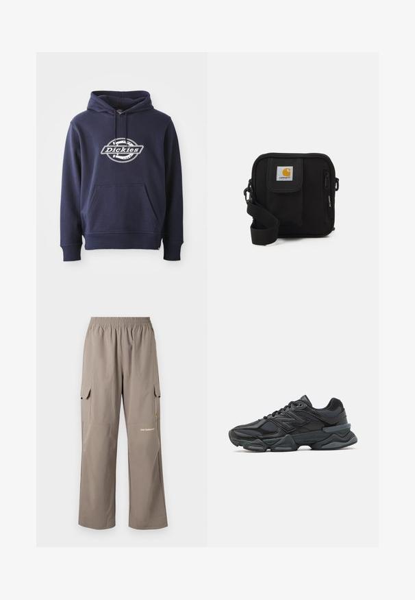 Sweatshirt azul-marinho feito de mistura de algodão. Apresenta um bolso frontal e capuz com cordão. Logo branco "Dickies" no peito em um design circular.; Calças cargo feitas de um tecido leve, na cor taupe, com um cós elástico, bolsos laterais e um logótipo discreto.; Sapato de corrida preto com uma combinação de malha e materiais sintéticos, sola robusta, design curvado e uma marca de destaque na lateral.; Bolsa transversal preta com um compartimento principal com fecho éclair, bolso frontal, alça ajustável e um logotipo visível na aba.