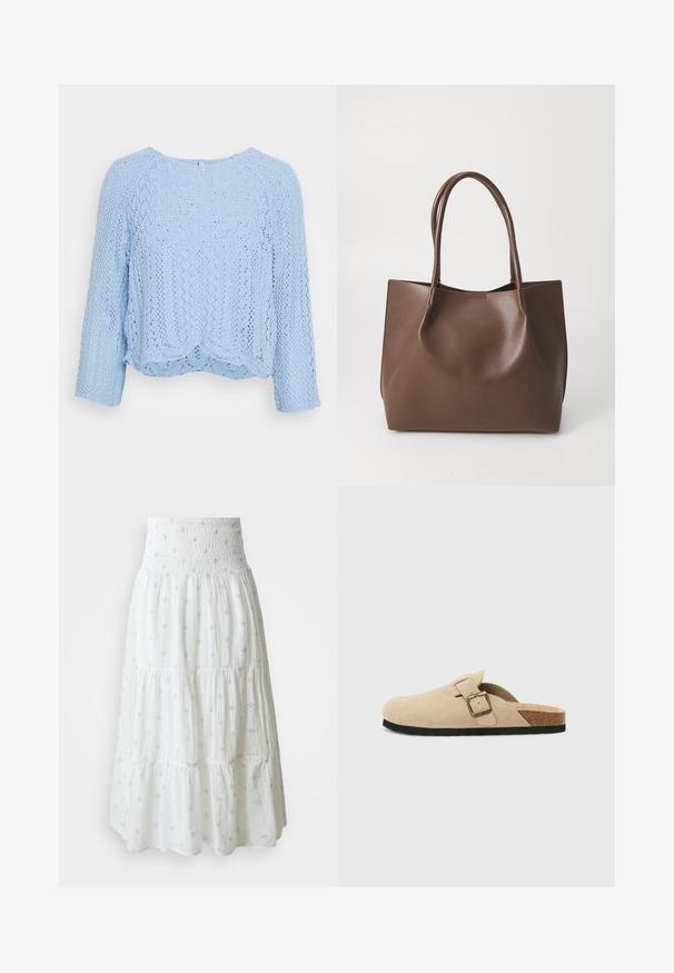 Light blue knitted sweater with a loose fit, round neckline, and three-quarter sleeves. Features a textured lace pattern and scalloped hem.; White tiered skirt featuring a smocked waist and light blue decorative patterns throughout. Made from a soft, lightweight fabric.; Beige suede slide-on clogs with a cork footbed, rounded toe, and a simple strap featuring a gold-tone buckle. Rubber sole for grip.; Brown leather tote bag with two long handles, structured shape, smooth texture, and minimalistic design. No visible hardware or accents.