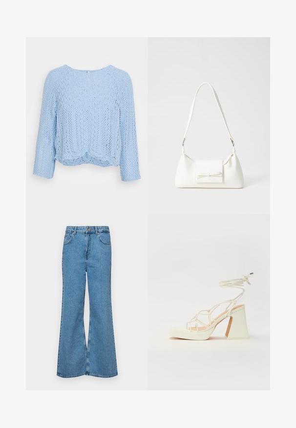 Világoskék, laza szabású kötött pulóver, kerek nyakkivágással és háromnegyedes ujjal. Texturált csipke mintával és fodros aljjal rendelkezik.; Világoskék, trapézszárú farmernadrág, magas derékkal, öt zsebbel és egy gombos záródással. Puha tapintású, magasított effektusú anyag.; Fehér, magassarkú szandál vastag sarokkal, pántos dizájnnal és bokapánttal. Sima textúra, elülső platformmal a megnövelt magasság érdekében.; Fehér szintetikus kézitáska, háromszög alakú, lapos előlap, masni részlettel, állítható pánttal, sima textúrával és minimalista dizájnnal.