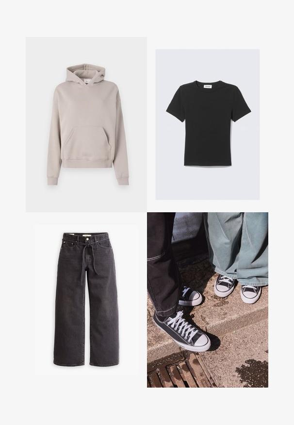 Jasno-beżowa bluza z kapturem, wykonana z miękkiego materiału, z przednią kieszenią, ściągaczami na rękawach i u dołu, o minimalistycznym wzornictwie.; Czarna, krótkorękawowa koszulka wykonana z miękkiej bawełny, z okrągłym dekoltem i regularnym krojem, bez widocznych wzorów ani ozdób.; Czarne dżinsy o szerokich nogawkach, wykonane z denimu, z elastycznym paskiem na sznurki, pięcioma kieszeniami oraz kontrastowym szwem. Płaski przód.; Czarne płócienne sneakersy typu low-top z białymi gumowymi czubkami i sznurówkami, w połączeniu z szerokimi zielonymi dżinsami, na teksturowanej kamiennej powierzchni.