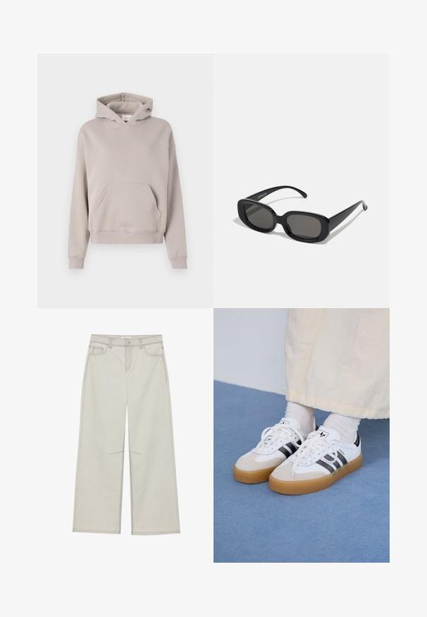 Šviesiai smėlinė gobtuvinė džemperis, pagamintas iš minkštos medžiagos, su priekinėmis kišenėmis, įsiūtomis rankovėmis ir apačia, turintis minimalistiškai stilingus elementus.; Šviesiai pilkos plačios kelnės su penkiomis kišenėmis, priekyje užsegamos mygtuku ir su kontrastine siūle palei siūles. Audinys atrodo minkštas ir patvarus.; Baltos sportbačiai su noir juostomis ir šviesiai rudos zomšos akcentais. Yra tekstūruota gumos padas ir plokščiomis baltomis raištelėmis, dėvimi su šviesiai spalvotomis kojinėmis.; Juodai stačiakampiai saulės akiniai su tamsiais lęšiais. Storas plastikinis rėmas, lygus paviršius ir apvalūs kraštai. Stilingi šventyklos išsikiša į šonus.