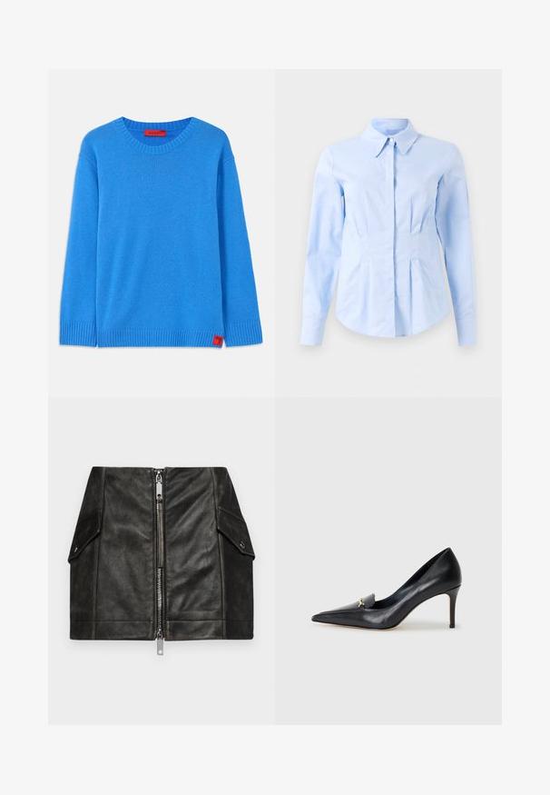 Niebieski sweter dzianinowy z okrągłym dekoltem, prążkowanymi mankietami i dołem. Zawiera małą czerwoną metkę z napisem "MAX&Co" przy dolnym szwie.; Jasnoniebieska, dopasowana, długorękawowa koszula z wyciętym kołnierzykiem i ukrytymi guzikami z przodu, taliowana w pasie, z zapięciem na guziki przy mankietach.; Czarna skórzana mini spódnica z zamkiem błyskawicznym z przodu, dwoma kieszeniami po bokach i gładką fakturą. Posiada wzmocnione szwy i usztywnioną konstrukcję.; Czarny skórzany czórek na wysokim obcasie z ostrym noskiem, niskim przodem i dekoracyjnym złotym akcentem. Posiada szpilkowy obcas oraz gładką fakturę.