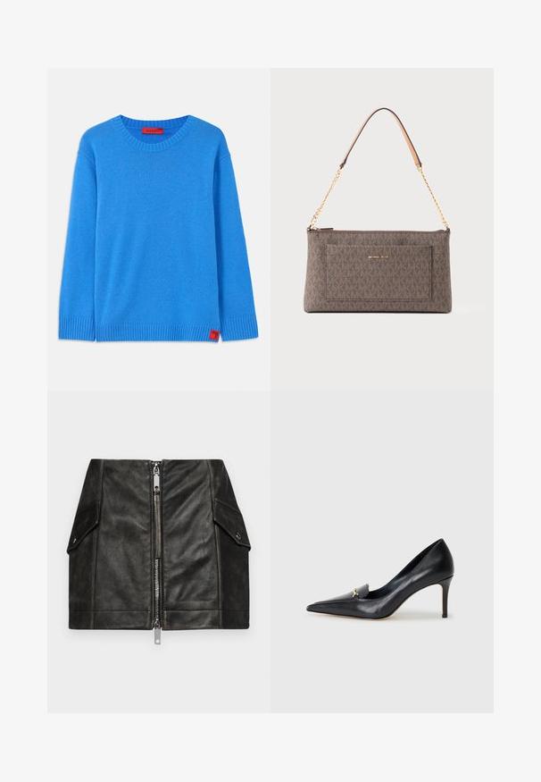 Sininen neulepaita pyöreällä kaula-aukolla, ribsikuvioiduilla hiha- ja helma-reunoilla. Alareunassa on pieni punainen etiketti, jossa lukee "MAX&Co".; Musta nahkainen mini-hame, jossa on edessä vetoketju, kaksi sivutaskua ja sileä pinta. Ominaisuuksiin kuuluvat vahvistetut saumat ja rakenteellinen muotoilu.; Musta nahkainen korkokenkä, jossa on terävä kärki, matala leikkaus ja koristeellinen kultainen yksityiskohta. Varustettu stilettokannalla ja sileällä pinnalla.; Ruskea suorakulmainen Michael Kors -laukku, jossa on toistuva logokuvio, kultaketjuolkaintaa nahkapehmusteella ja etutasku, jossa on brändin nimi.