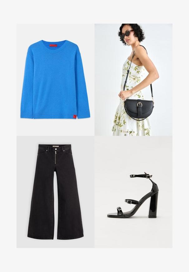 Modra pletena jopica s okroglim izrezom, rebrastimi manšetami in robom. Ima majhno rdečo oznako z napisom "MAX&Co" na spodnjem stranskem šivu.; Široke traperice iz črnega denima z zadrgo spredaj, petimi žepi in diskretnimi šivi. Gladka tekstura in ležeren slog.; Črne lakirane sandale s peto, kvadratnim prstom, trakovi okrog gležnja in srebrnimi zaponkami. Opremljene so s stabilno Debelo peto.; Črna usnjena torbica s ukrivljeno obliko, z odstranljivo naramnico in zlatimi dodatki. Torbica ima pokrov s podrobnostmi v obliki zaponke.