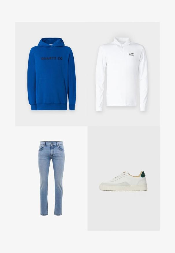 Felpa blu realizzata in tessuto morbido, con tasca a marsupio, polsini a costine e logo "QUARTZ CO" stampato sul davanti in lettere scure.; Polo a maniche lunghe bianco in cotone, con colletto classico, tre bottoni e logo EA7 nero sul petto.; Jeans in denim blu chiaro con vestibilità slim, cinque tasche e design a gamba dritta. Presenta un'apertura con zip e passanti per cintura. Texture morbida.; Sneaker bianco con accenti in camoscio, punta rotonda, lacci piatti e suola in gomma crema. Presenta un marchio verde sul tallone.