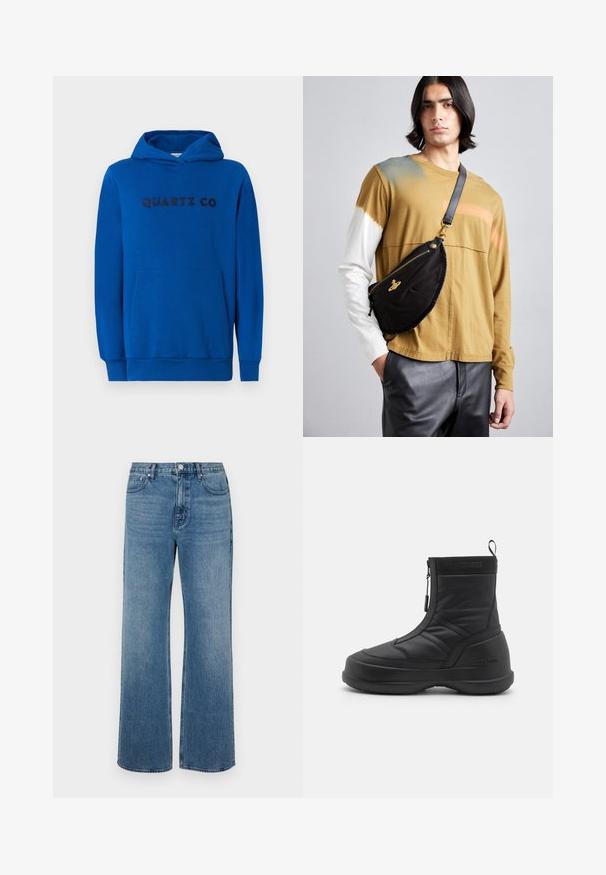 Modrá mikina s kapucí z měkké tkaniny, vybavená klokaní kapsou, žebrovanými manžetami a potiskem "QUARTZ CO" v tmavých písmenech na přední straně.; Široké modré džíny vyrobené z denimu s vybledlým povrchem. Mají pět kapes, přední zapínání na knoflík a rovný střih.; Černé voděodolné sněhule s hladkým syntetickým svrškem, zipem na zavírání, polstrovaným límcem a strukturovanou gumovou podrážkou. Ozdobené brandingem "MOON BOOT".; Vivienne Westwood CITY BUMBAG UNISEX - Ledvinka - black