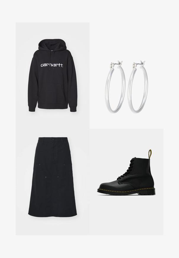 Čierna mikina s kapucňou vyrobená z bavlny, s klokaními vreckami, manžetovými rukávmi a bielym vyšívaným logom "carhartt" na prednej strane.; Čierna sukňa vyrobená z bavlny, s predným zapínaním na gombíky, dvoma veľkými vreckami a rovnou siluetou. Hladká textúra.; Čierne kožené šnurovacie členkové topánky so žltými švami na podrážke a značkovým pútkom na päte, zobrazené zo strany na jednoduchom pozadí.; Strieborné kruhové náušnice s hladkým, lesklým povrchom. Kolový tvar a bezpečné klikanie na uzatváranie. Ľahký dizajn vhodný na každodenné nosenie.