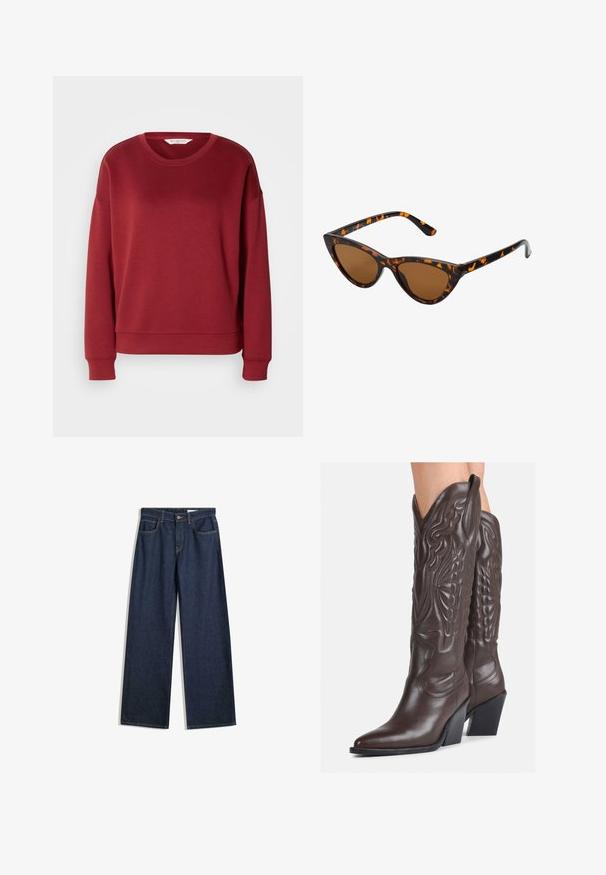 Sweatshirt roșu cu gât rotund, design cu umeri lăsați, mansete și tiv din material ribflat. Fabricat dintr-un material moale și neted, de culoare solidă și simplă.; Jeans din denim închis, cu picioare largi, cinci buzunare, cusături vizibile și închidere cu botton. Prezintă o croială dreaptă și ușoare deteriorări.; Bocanci de cowboy din piele maro, cu vârf ascuțit și toc pătrat, având cusături detaliate și accente ridicate pe tijă.; Ochelari de soare în stil cat-eye, cu o ramă din material cu tortoiseshell negru și portocalie, lentile maro și vârfuri elegante, ascuțite. Prezintă un logo minimal pe brățara ochelarilor.; Geantă mică de crem cu un finisaj texturat, curea lungă și ajustabilă, accent cu lanț și închidere cu clapetă. Detalii din hardware aurie.