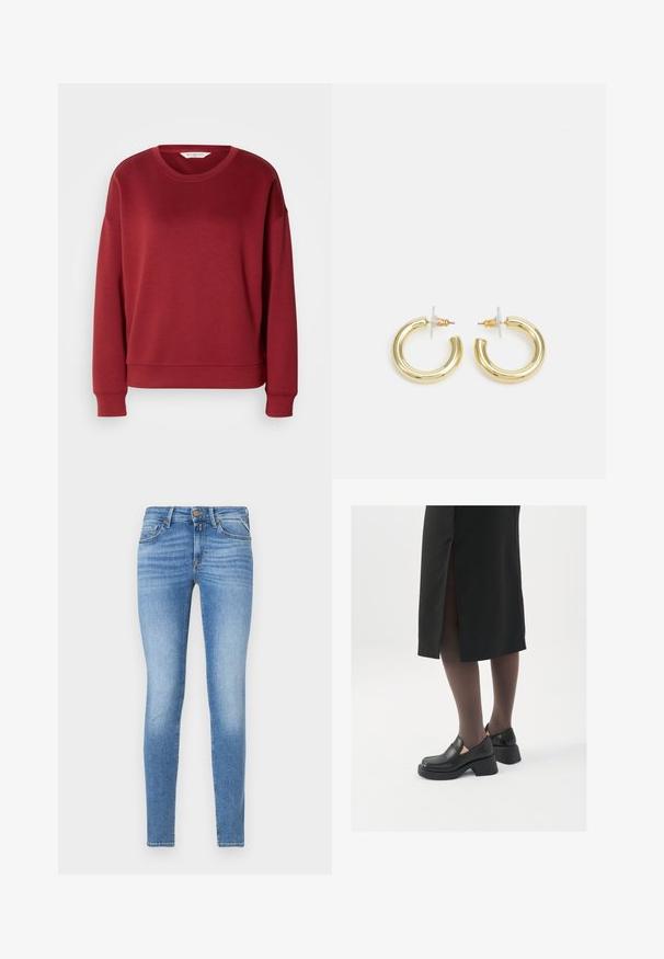 Red sweatshirt with a round neck, drop shoulder design, ribbed cuffs, and hem. Made from a soft, smooth fabric with a simple, solid color.; Slim-fit light blue denim jeans with mid-rise waist, front button, and five-pocket design.; Black leather shoes with a rounded toe, thick block heel, and elastic side accents, paired with dark tights and a black skirt with a slit.; Gold hoop earrings with a smooth, shiny finish. Circular design featuring a small post and clear backing for secure wear.