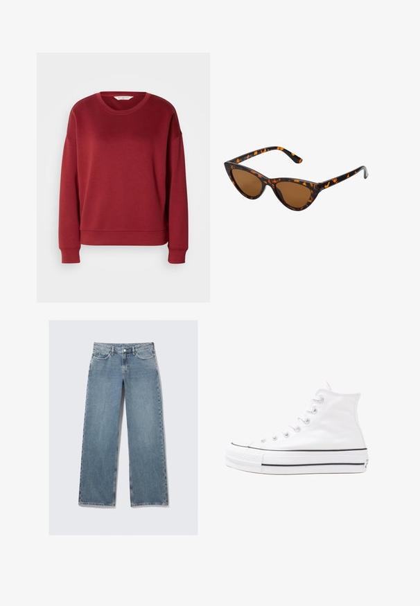 Czerwona bluza z okrągłym dekoltem, opadającymi ramionami, ściągaczami przy rękawach i u dołu. Wykonana z miękkiego, gładkiego materiału w jednolitym, prostym kolorze.; Jasnoniebieskie spodnie dżinsowe o wysokim stanie o prostym kroju, z przednimi kieszeniami, szlufkami na pasek i zapięciem na guzik na białym tle.; Białe wysokie trampki z płótna z czarną gumową podeszwą, przednim czubkiem z gumy i sześcioma dziurkami na sznurowadła, charakteryzujące się prostym, minimalistycznym designem.; Okulary przeciwsłoneczne w kształcie kocich oczu z czarno-pomarańczową oprawą w deseń żółwia, brązowymi soczewkami i eleganckimi, spiczastymi końcówkami. Posiadają minimalistyczne logo na zauszniku.