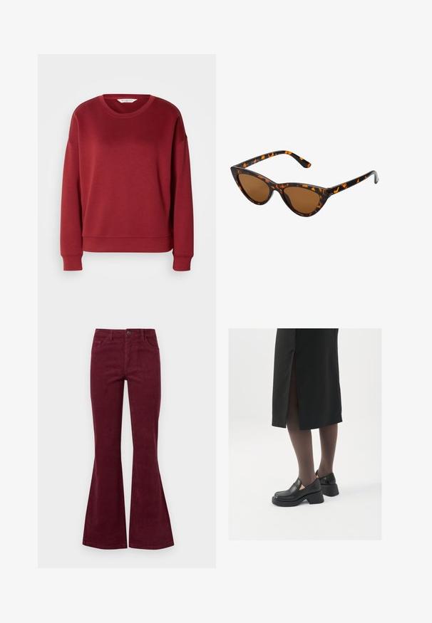 Czerwona bluza z okrągłym dekoltem, opadającymi ramionami, ściągaczami przy rękawach i u dołu. Wykonana z miękkiego, gładkiego materiału w jednolitym, prostym kolorze.; Bordowe dżinsy z prążkowanej corduroy w fasonie dzwonów, z pięcioma kieszeniami, przednim zapięciem na guzik i teksturowanym materiałem. Dzwony rozszerzają się od kolana do dolnej krawędzi.; Czarne skórzane buty z okrągłym noskiem, grubym blokowym obcasem i elastycznymi akcentami po bokach, zestawione z ciemnymi rajstopami i czarną spódnicą z rozcięciem.; Okulary przeciwsłoneczne w kształcie kocich oczu z czarno-pomarańczową oprawą w deseń żółwia, brązowymi soczewkami i eleganckimi, spiczastymi końcówkami. Posiadają minimalistyczne logo na zauszniku.