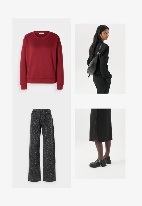 Roter Pullover mit Rundhalsausschnitt, Drop-Shoulder-Design, gerippten Bündchen und Saum. Hergestellt aus einem weichen, glatten Stoff in einer einfachen, einfarbigen Ausführung.; Noisy May NMJANNEL LOOSE - Jeans Relaxed Fit - black denim; Schwarze Lederschuhe mit abgerundetem Zeh, dicker Blockabsatz und elastischen seitlichen Akzenten, kombiniert mit dunklen Strumpfhosen und einem schwarzen Rock mit Schlitz.; Frau mit langen dunklen Haaren, die einen schwarzen Anzug trägt und eine schwarze Lederschultertasche hält, schaut über ihre Schulter vor einem weißen Hintergrund.