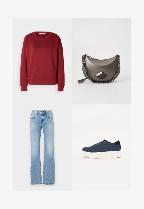 Rød sweatshirt med rund hals, drop shoulder-design, ribbede cuffs og kant. Fremstillet af et blødt, glat stof i en enkel, ensfarvet farve.; Lyseblå højtaljede denimjeans med let falmning, frontknap, lynlås lukning og fem-pocket design, lige ben pasform.; Mørkeblå sneakers med en struktureret stofoverdel, hvid platformssål, rund tå og sort hælakkent. Har seks snøreøjer til snørebånd.; Metallic grå skuldertaske i halvmåneform med kædestrop og en diamantlogo-patch. Glat overflade og lynlåslukning.