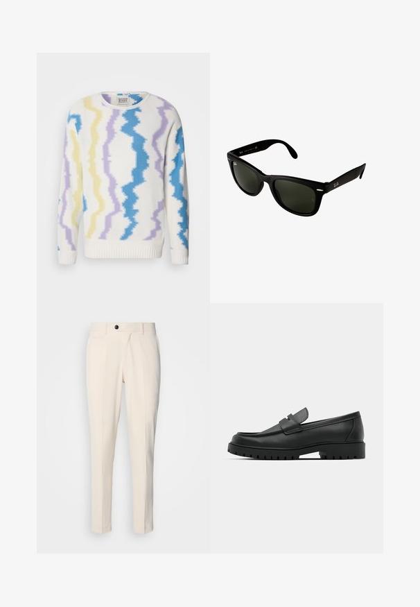 Biały sweter w zygzakowy wzór w kolorach żółtym, jasnopurpurowym i niebieskim. Posiada okrągły dekolt oraz ściągacze przy mankietach i u dołu. Wykonany z fakturowanej dzianiny.; Biała koszula z guzikami i pionowymi granatowymi paseczkami, z długimi rękawami, kieszenią na piersi i klasycznym kołnierzykiem. Gładki materiał z luźnym krojem.; Beżowe spodnie o dopasowanym kroju z płaskim przodem, z zapięciem na jeden guzik i dwoma ukośnymi bocznymi kieszeniami. Gładki materiał, wąski krój i zwężająca się nogawka.; Czarne skórzane mokasyny z zaokrąglonym noskiem, posiadające przeszywany wzór, niską platformę oraz teksturowaną, gumową podeszwę z bieżnikiem.; Czarne plastikowe okulary przeciwsłoneczne z ciemnozielonymi soczewkami. Kwadratowy kształt oprawek z metalicznymi akcentami i wytłoczonym logo na zauszniku.