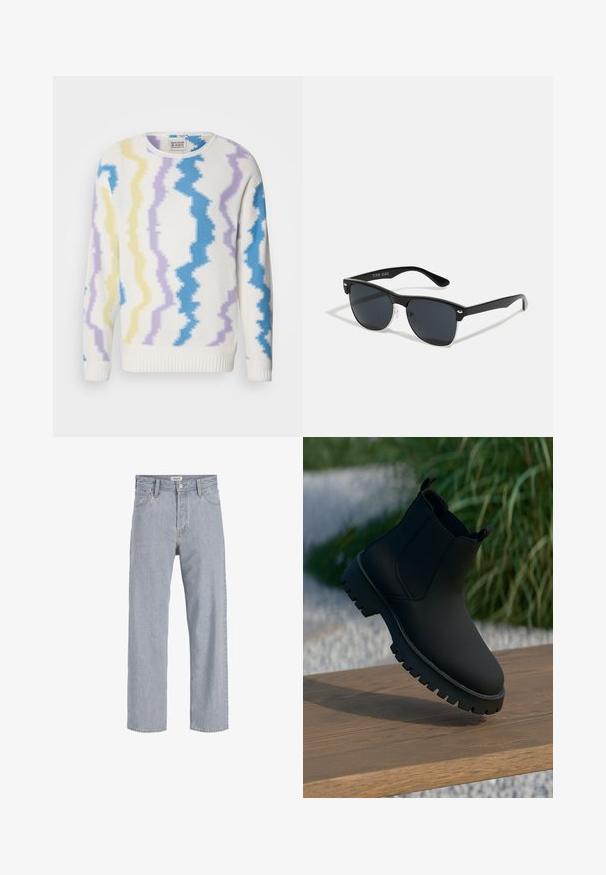 Maglione bianco con motivo a zigzag in giallo, lilla chiaro e blu. Presenta un collo rotondo e polsini e orlo a coste. Realizzato in tessuto a maglia testurizzata.; Jeans in denim azzurro chiaro con vestibilità rilassata, design a gamba dritta, cuciture visibili, due tasche frontali e chiusura con bottone.; Stivale alla caviglia nero con finitura liscia, pannelli laterali elastici e una suola spessa e robusta. Ambientato su uno sfondo naturale su una superficie di legno.; Occhiali da sole neri con forma rettangolare, lenti scure, dettagli in argento alle tempie e finitura opaca sulla montatura.