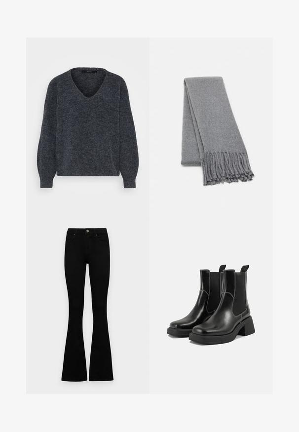 Temno siva pletena pulover s V-izrezom, širokimi rokavi in mehkimi teksturami, s rahlo prenapihnjenim, kvadrastim krojem.; Črne visokotopne kavbojke z gumbom in zadrgo, sprednjimi žepi in razširjenimi hlačnicami, poleg bel background.; Črne usnjene Chelsea škornje s širokim petami, elastičnimi stranskimi ploščami in kontrastnim belim šivanjem. Teksturirana površina.; Siva volnena šal s mehko teksturo, ki ima frufrane robove in preprost vzorec. Skrbno zložen, da pokaže svojo podolgovato obliko.