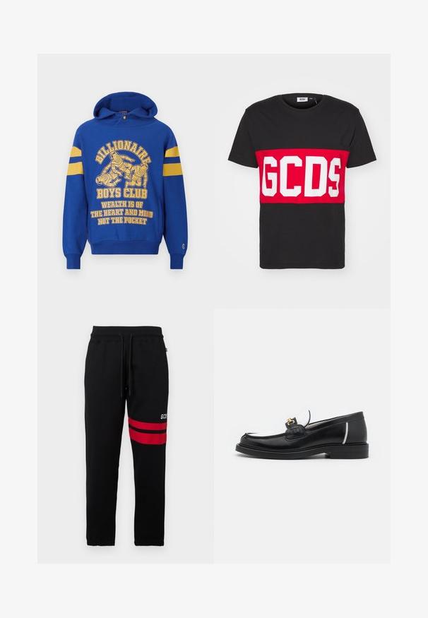 Hanorac albastru cu un grafic frontal ce prezintă astronauți. Dungi galbene pe mâneci și text în galben. Material moale, buzunar tip kangaroo.; GCDS BAND LOGO REGULAR - Tricou cu imprimeu - black; Pantaloni de trening negri cu dungi roșii contrastante și logo pe lateral. Au un talie elastică cu șnur și mansete cu strângere la gambă.; Mocasin din piele neagră cu vârful rotund, accente albe și detalii din aur pe partea superioară. Prezintă o pată texturată și un toc stratificat.