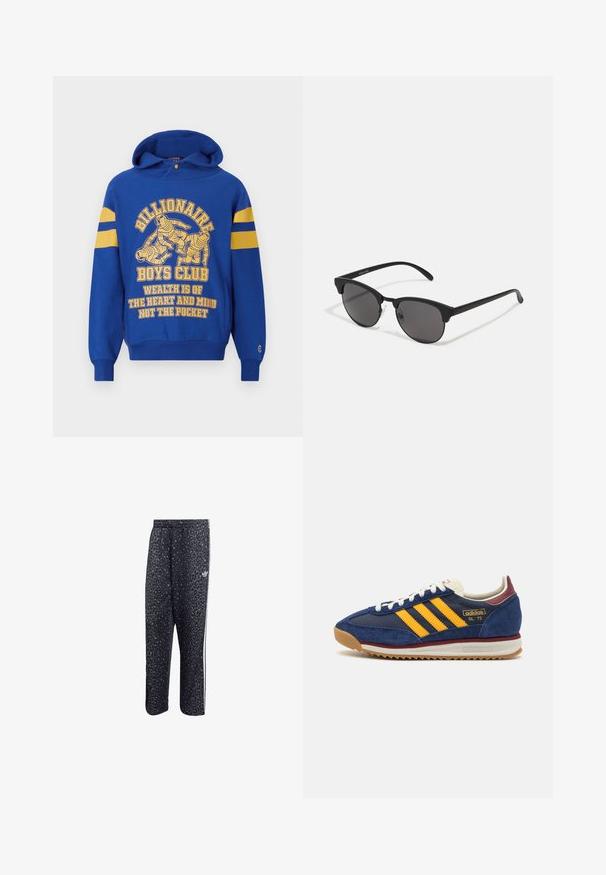Kék kapucnis pulóver elölnézeti grafikával, amely űrhajósokat ábrázol. Sárga csíkok az ujjakon és kiegészítő sárga szöveg. Puha anyag, kenguruzseb.; Fekete sportnadrág leopárdmintával, fehér háromsávos dizájnnal és egy sportmárka logójával az oldalon.; Sötétkék velúr sportcipő sárga cscsíkokkal, fehér fűzőkkel és bordeaux vörös kiegészítőkkel. Texturált talp barázdákkal a tapadás érdekében. Márkajelzés az oldalon.; Fekete napszemüveg kerek lencsékkel, matt felülettel és jellegzetes macska szem formával. Vékony szárak, a bal oldali templomon diszkrét márkajelzéssel.