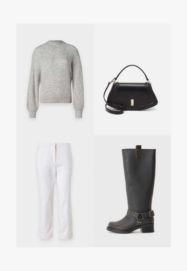 Light gray knitted sweater made from soft fabric, featuring a round neckline and long, slightly puffed sleeves with ribbed hems.; White cotton pants with a straight leg design, featuring a mid-rise waist and no visible hardware or patterns. Smooth texture throughout.; Black leather knee-high boot with a textured finish, featuring a side buckle accent and a low heel. Detailed stitching along the seams.; Black leather handbag with a structured design, featuring a cropped shape, top handle, and gold hardware accent. Adjustable shoulder strap included.
