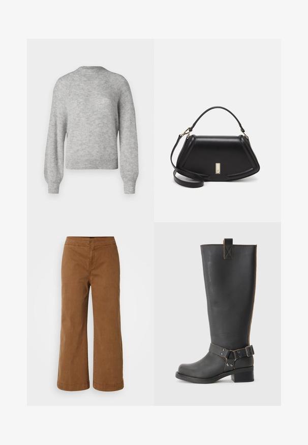 Lys grå strikket sweater lavet af blødt stof, med en rund halsudskæring og lange, let pufede ærmer med ribbede kanter.; Brune vidde bukser lavet af blødt stof med en glat tekstur, med høj talje og syet detaljering.; Sorte læderknæhøje støvler med en tekstureret overflade, der har en sidebuckle-detalje og en lav hæl. Særligt detaljeret syninger langs sømmene.; Sort læderhåndtaske med en struktureret design, der har en kortet form, tophåndtag og guld hardware-accenter. Justerbar skulderrem inkluderet.