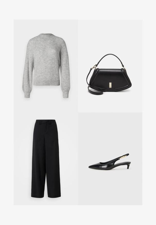 Light gray knitted sweater made from soft fabric, featuring a round neckline and long, slightly puffed sleeves with ribbed hems.; Black wide-leg trousers made of smooth fabric, featuring a flat-front design, pleated details, and belt loops at the waistband.; Black leather slingback heels with a pointed toe, featuring a slim heel and a gold-tone accent on the adjustable strap. Smooth texture.; Black leather handbag with a structured design, featuring a cropped shape, top handle, and gold hardware accent. Adjustable shoulder strap included.