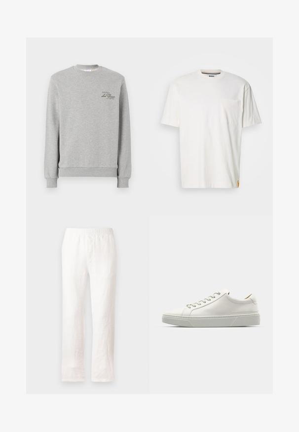 Szara bluza z miękkiej bawełny, z okrągłym dekoltem, ściągaczami na rękawach i małym ciemnozielonym logo na piersi.; Biała bawełniana koszulka z okrągłym dekoltem, krótkimi rękawami i kieszonką na lewej piersi. Wyposażona w małą metkę z logo na bocznej szwie.; Białe lniane spodnie z elastycznym pasem, prostym krojem nogawki i lekko teksturowanym materiałem. Bez wzorów ani dodatkowych detali.; Białe skórzane sneakersy z zaokrąglonym noskiem, minimalistycznym designem, szarymi sznurowadłami i teksturowaną szaro-rubberową podeszwą. Widoczne subtelne detale szycia.
