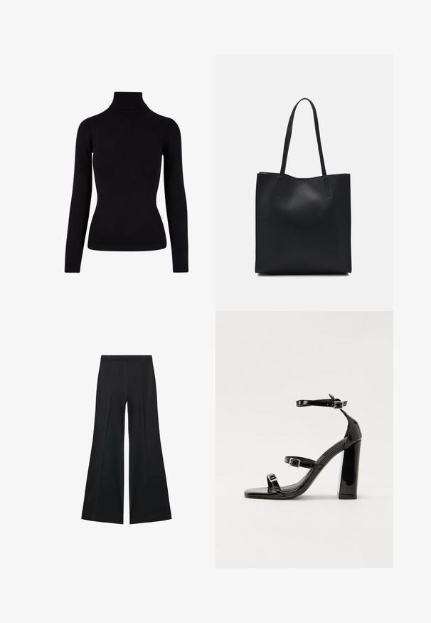 Svart polotröja i mjukt stickat material, med långa ärmar och ribbade detaljer vid halsringningen och i fållen. Slimmad design.; Svarta vida byxor med en slät textur, med framfickor och skräddarsydd design. Tyget är lätt och flödande.; Svarta lackerade högklackade sandaler med två spännband, fyrkantig tå och en tjock klack, med en slät och glansig yta.; Svart lädertoffelväska med slät textur, rektangulär form och två långa handtag. Ingen synlig hårdvara eller dekorationer.