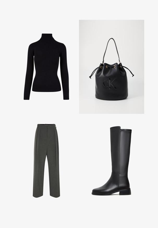Schwarzer Rollkragenpullover aus weichem Strickmaterial, mit langen Ärmeln und gerippten Akzenten am Kragen und Saum. Figurbetontes Design.; Graue Hose mit weitem Bein aus strukturiertem Stoff, ausgestattet mit hoher Taille und vorderen Falten. Das Design beinhaltet einen glatten Bund und keine sichtbaren Verschlüsse.; Schwarze Lederknöchelhöhe Stiefel mit glatter Textur, runder Zehenform, niedrigem Blockabsatz und subtilen Steppnähten an der Seite.; Schwarze Leder-Eimer-Tasche mit Kordelzugverschluss, ausgestattet mit einem glänzenden "CK"-Logo auf der Vorderseite und goldfarbenen Hardware-Akzenten.