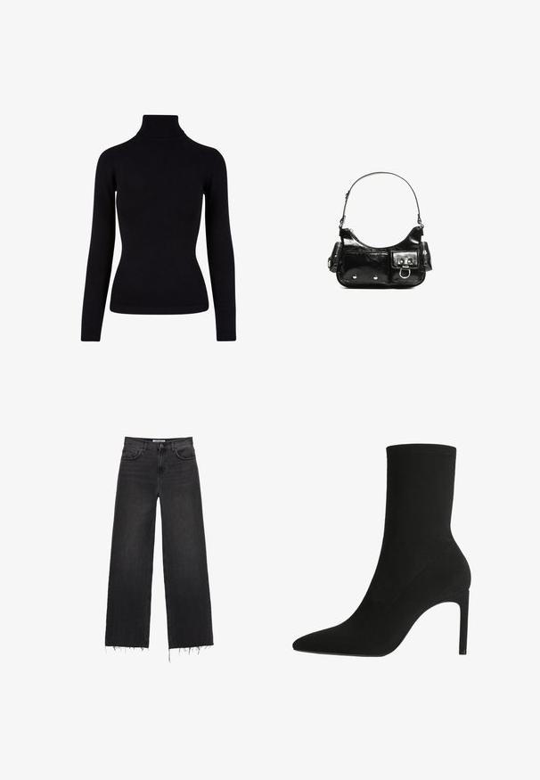 Schwarzer Rollkragenpullover aus weichem Strickmaterial, mit langen Ärmeln und gerippten Akzenten am Kragen und Saum. Figurbetontes Design.; Hoch taillierte schwarze Jeans mit weitem Bein, fransigem Saum, fünf Taschen und Knopfverschluss. Glatte Textur mit einem verblassten Finish.; Schwarzer Knöchelstiefel aus weichem Wildleder, mit einer spitzen Zehe und hohen Stiletto-Absätzen. Minimalistisches Design ohne sichtbare Beschläge oder Muster.; Schwarze Lackleder-Handtasche mit geschwungenem Design, einem Schulterriemen, Vordertaschen und silberfarbenen Hardware-Akzenten.