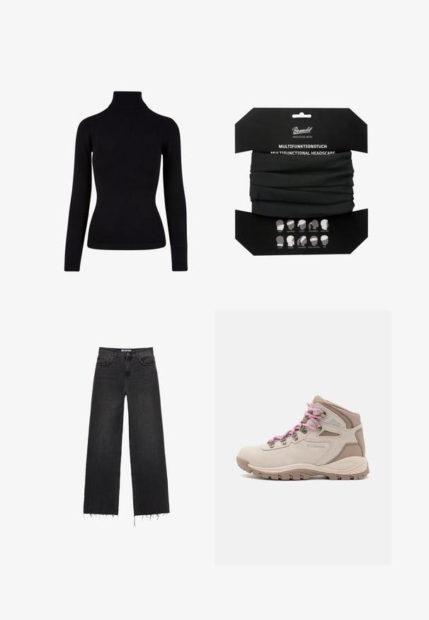 Černý rolák vyrobený z měkkého úpletu, s dlouhými rukávy a ribbenými detaily na krku a lemu. Přiléhavý střih.; Černé džíny s vysokým pasem a širokými nohavicemi, se třepeným lemem, pěti kapsami a zapínáním na knoflík. Hladká textura s vybledlým vzhledem.; Bežová turistická obuv s růžovými tkaničkami, svrchní část z semiše a syntetického materiálu, středně vysoký design, gumová podrážka s protiskluzovými vzory a polstrovaný límec.; Brandit MULTIFUNKTIONSTUCH - Kruhová šála - black