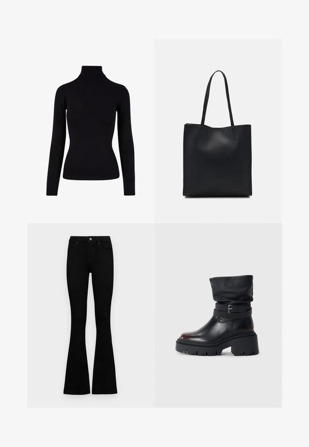 Črn pulover s turtleneck iz mehkega pletenega materiala, z dolgimi rokavi in rebrastimi detajli na vratu in ob robu. Prilegan kroj.; Črne visokotopne kavbojke z gumbom in zadrgo, sprednjimi žepi in razširjenimi hlačnicami, poleg bel background.; Črne usnjene gležnjarje s sproščenim zgornjim delom, podrobnostjo z zaponko in debelim, robustnim podplatom. Imajo okroglo konico in gladko teksturo.; Črna usnjena torba s svilnato teksturo, pravokotne oblike in dvema dolgima ročajema. Brez vidnih metalnih delov ali okrasnih elementov.