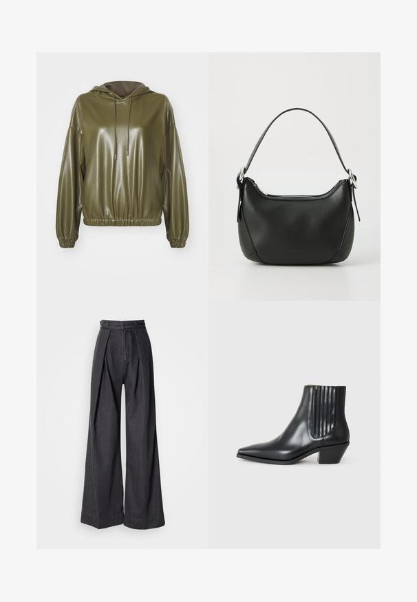 Felpa con cappuccio verde oliva lucida. Presenta una vestibilità comoda, orlo e polsini elasticizzati, e cordini con punte metalliche. Tessuto liscio.; Pantaloni in denim nero a gamba larga con vita alta, caratterizzati da pieghe frontali e una chiusura con zip classica. Tessuto croccante e liscio con una finitura pulita.; Stivaletto in pelle nera con punta affusolata, pannelli laterali elasticizzati con scanalature verticali e tacco basso a blocco. Texture liscia e design elegante.; Borsa in pelle nera con forma curva, zip argentata e manico corto. Presenta un logo discreto sulla parte anteriore e una texture liscia.; Orecchini a cerchio in argento con una superficie liscia e una fila di piccole pietre trasparenti lungo il bordo inferiore, dotati di chiusura a perno.