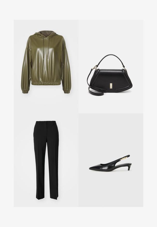 Sudadera con capucha de color verde oliva y brillante. Presenta un corte relajado, dobladillo y puños elásticos, y cordones con puntas metálicas. Textura suave.; Pantalones negros ajustados con un diseño de pierna recta, que presentan una textura suave y pliegues nítidos en el frente. Sin herrajes visibles.; Tacones negros de piel sintética tipo slingback con punta afilada, que cuentan con un tacón delgado y un detalle en tono dorado en la correa ajustable. Textura suave.; Bolso de mano de cuero negro con un diseño estructurado, que presenta una forma recortada, asa superior y acentos en dorado. Correa de hombro ajustable incluida.
