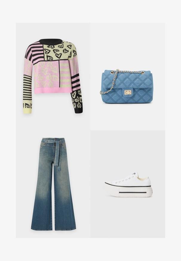Virkat tröja med en kortad design i rosa, grön, svart och randiga mönster, prydd med hjärtmotiv och ribbad halsringning.; Breda denimbyxor med en ljus till mörkblå gradient, hög midja, bälteshällor och ett matchande tygbälte. Texturerad denimfinish.; Vita canvas plattformssneakers med svart gummisula, rund tåhuvud och metallöglor, med en enkel och ren design.; ONLY ONLFLORENCE CROSSBODY BAG - Axelremsväska - blue denim/gold