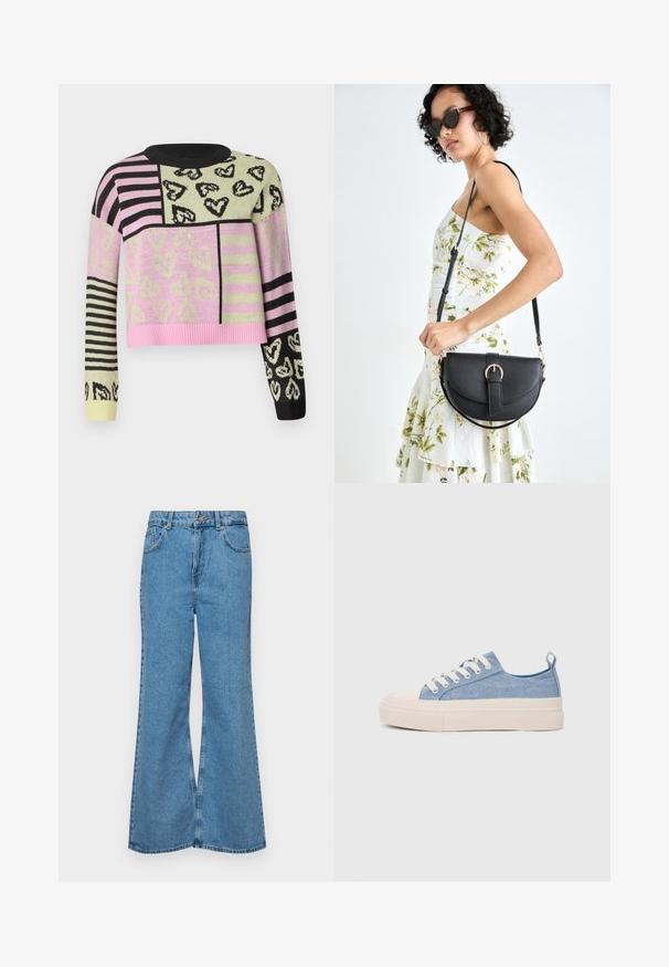 Sweater em crochet com um design cropped, apresentando padrões nas cores rosa, verde, preto e listas, adornado com motivos de corações e gola canelada.; Jeans de brim azuis claros, com corte à boca de sino, apresentando uma cintura alta, cinco bolsos e um fecho de botão único. Textura macia com acabamento desbotado.; Ténis de lona azul claro com uma biqueira e sola de borracha creme, apresentando atacadores brancos e uma alça na parte de trás.; Bolsa de couro preta com forma curva, alça destacável e detalhes em dourado. A bolsa possui uma aba com detalhe de fivela.