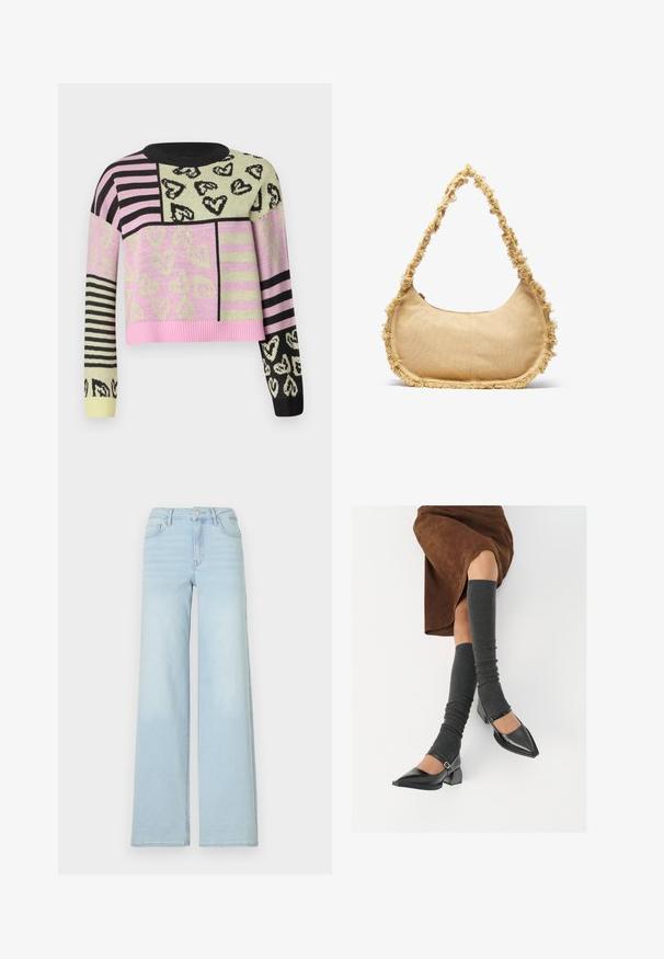 Kootud sviiter, millel on lühendatud disain roosa, rohelise, musta ja triibulise mustriga, südame motiivide ja soonikkraega.; Heledad sinine lahtine teksapüksid, mis on valmistatud denimist, klassikalise viie tasku disainiga ja ees nupuga kinnitusega. Ees on kerge pleekimine.; Mustad patsaline odav värviga kingad, millel on kreen ja pahkluuring, on paaritatud hallide ribakudumitega sääremiidega ja pruunist nahast seelikuga.; Tekstuuriga beez kott, ümar kuju, narmastega ääred ja lühike rihm kaasas kandmiseks. Ülemine lukuga ava.