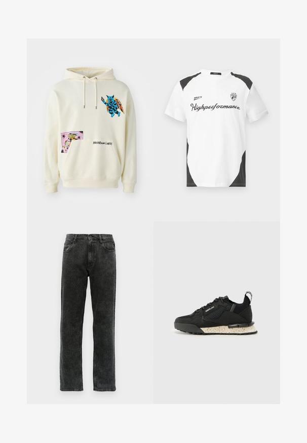 Sudadera color crema con un gráfico de una criatura azul y un parche colorido con un diseño caprichoso. El texto bordado dice "LORDES HONGOS".; Camiseta blanca de manga corta con acentos negros. Lleva el logo "REPLAY FC" y el texto "Highperformance" en una fuente deportiva. Fabricada con un material suave.; Vaqueros de mezclilla negra con corte recto, que cuentan con cinco bolsillos, un cierre de botón y un ligero desgaste a lo largo de la tela.; Replay FIELD MELT 25 - Zapatillas - black