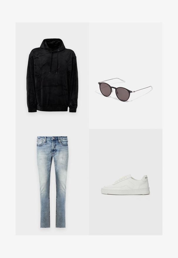Armani Exchange Felpa con cappuccio - black; Jeans in denim azzurro chiaro con una finitura sbiadita, design slim fit, cinque tasche e cuciture a contrasto nei bordi.; Sneaker in pelle bianca con una finitura liscia, punta rotonda, lacci piatti e suola testurizzata. Presenta un logo discreto sul tallone.; Occhiali da sole neri rotondi con lenti scure e sottili bracci in metallo. Include punte trasparenti e accenti argentati alla cerniera. Design minimalista.
