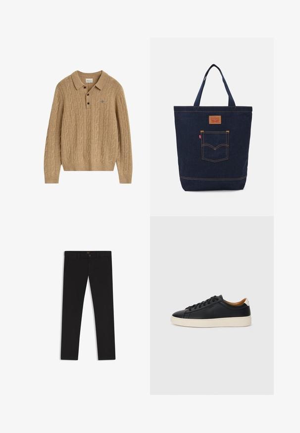 Lichtbruin kabelbrei lange mouw polo trui met kraag, drie zwarte knopen en klein geborduurd logo op de borst.; Zwarte broek van stof met een gladde textuur. Bevat een knoopsluiting, riemlussen en zijzakken. Standaard straight-leg ontwerp.; Zwarte leren sneakers met een gladde textuur, beige rubberen zool, vetersluiting en een contrasterende hielaccent.; Denim draagtas in donkerblauw met twee handvatten, zichtbare stiksels en een voorvak met een klassiek logo patch.