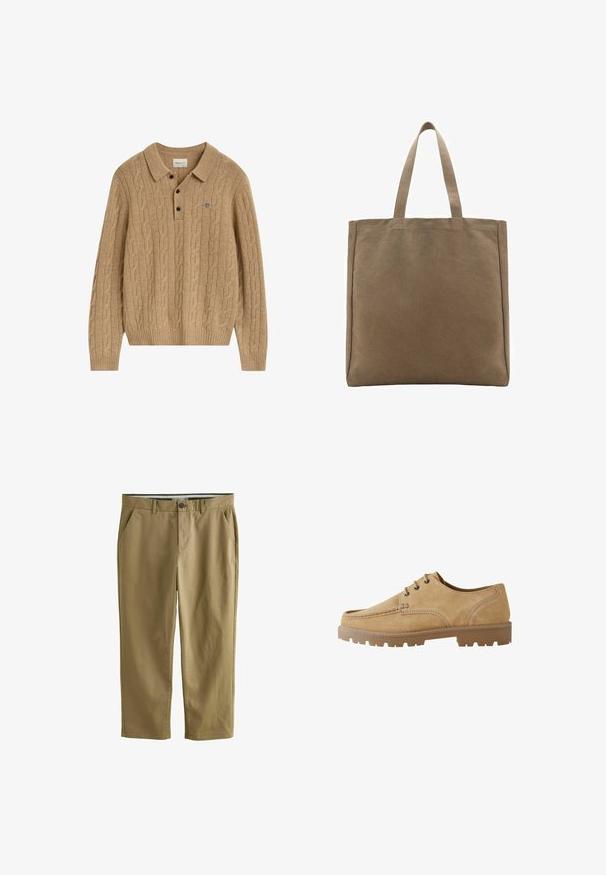 Lichtbruin kabelbrei lange mouw polo trui met kraag, drie zwarte knopen en klein geborduurd logo op de borst.; Khaki chino's van een katoenmix, uitgerust met twee zijzakken, een knoopsluiting, rechte pijpen en een gladde textuur.; Tan suède veterschoen met een ronde neus, contrasterende stiksels en een dikke rubberen zool met een profiel voor grip.; Canvas schoudertas in bruin, met twee stevige handvatten. Rechthoekige vorm met een gladde textuur en geen zichtbare versieringen.