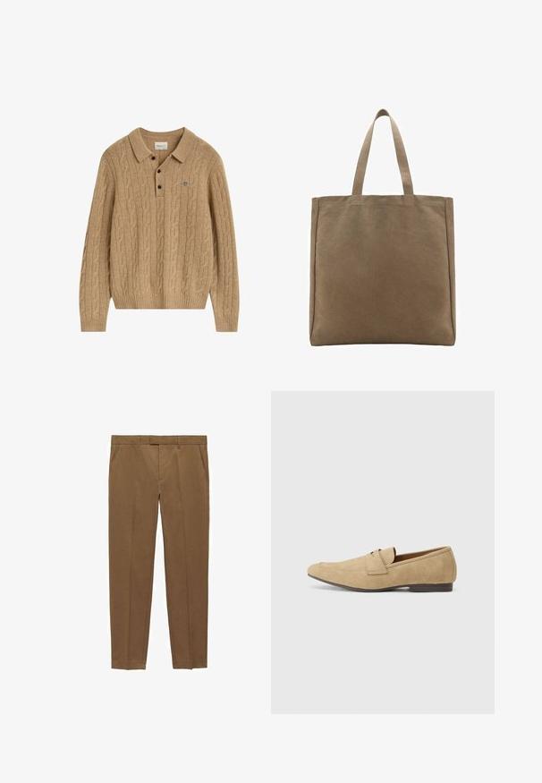 Lichtbruin kabelbrei lange mouw polo trui met kraag, drie zwarte knopen en klein geborduurd logo op de borst.; Bruine op maat gemaakte broeken van een gladde stof, met een vlakke voorkant, rechte pijpen, riemlussen en zijzakken.; Beige suede loafers met een lichte glans, met een ronde neus, instapdesign en een lage bruine hak. Subtiele stiksels.; Canvas schoudertas in bruin, met twee stevige handvatten. Rechthoekige vorm met een gladde textuur en geen zichtbare versieringen.