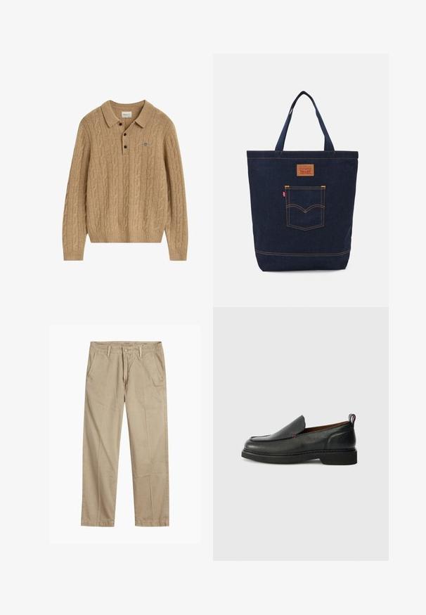 Hellbrauner Polo-Pullover aus Kabelstrick mit langen Ärmeln, Kragen, drei schwarzen Knöpfen und kleinem, gesticktem Logo auf der Brust.; Beige gerade geschnittene Chinos mit Gürtelschlaufen, vorderem Knopf- und Reißverschlussverschluss sowie schrägen Fronttaschen.; Schwarzer Leder- Slipper mit runder Spitze, strukturiertem Obermaterial, kontrastierender roter Naht und niedrigem Absatz. Verfügt über eine Schlaufe zum Ziehen.; Dunkelblaue Denim-Tasche mit zwei Griffen, sichtbaren Nähten und einer Vordertasche mit einem klassischen Logo-Patch.