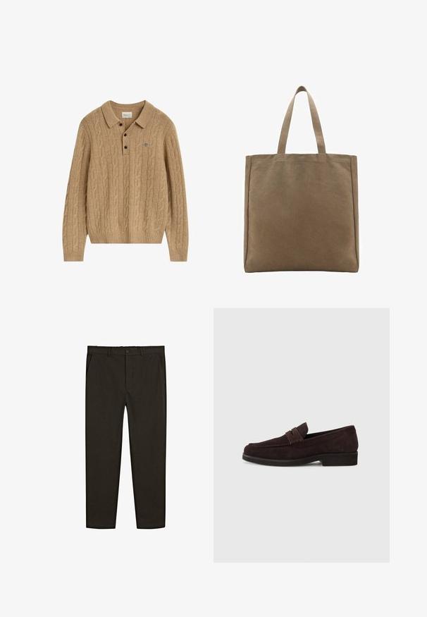 Lichtbruin kabelbrei lange mouw polo trui met kraag, drie zwarte knopen en klein geborduurd logo op de borst.; Donkerbruine, geweven stofbroek met een recht model, voorzakken en een knoopsluiting op de taille. Glad textuur.; Bruine suède loafers met een lage profiel en ronde neus. Heeft een decoratieve band over de bovenkant, een platte rubberen zool en geen zichtbare stiksels.; Canvas schoudertas in bruin, met twee stevige handvatten. Rechthoekige vorm met een gladde textuur en geen zichtbare versieringen.