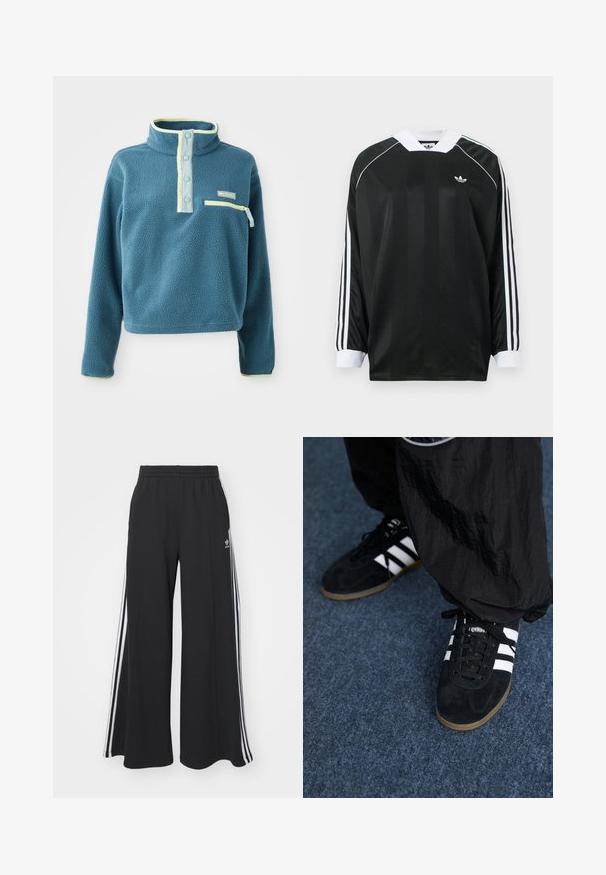 Teal fleece genser med høy krage, med en pløse med fire knapper, en glidelåslomme på brystet, og lysegrønne detaljer langs kragen.; Svart langermet skjorte med V-hals, med vertikale striper, hvite detaljer og tre hvite striper på hver erme. Lite logo på brystet.; Svart vide joggebukser med elastisk midjebånd, med hvite sidestriper og brodert logo på venstre lår.; Svarte semskede joggesko med tre hvite striper og svarte snøring. Et teksturert svart bukse er delvis synlig ved siden av skoene.